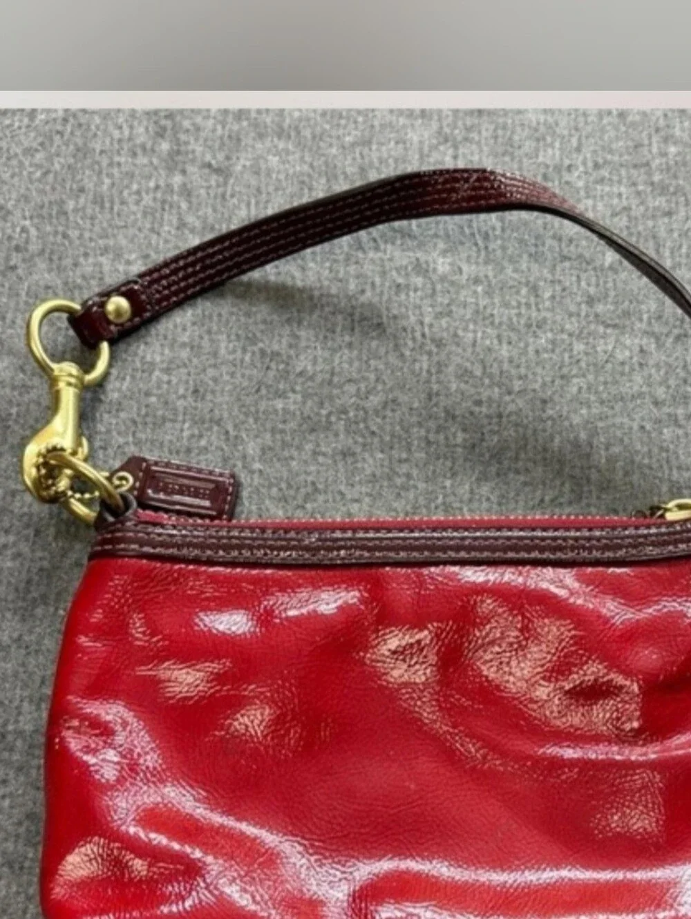Coach Poppy Red Patent Wristlet with Brass Accents, Minor Callouts, Clean Inside
